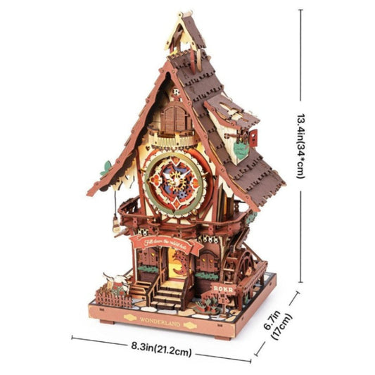 Wooden cuckoo clock model with measurements on a white background