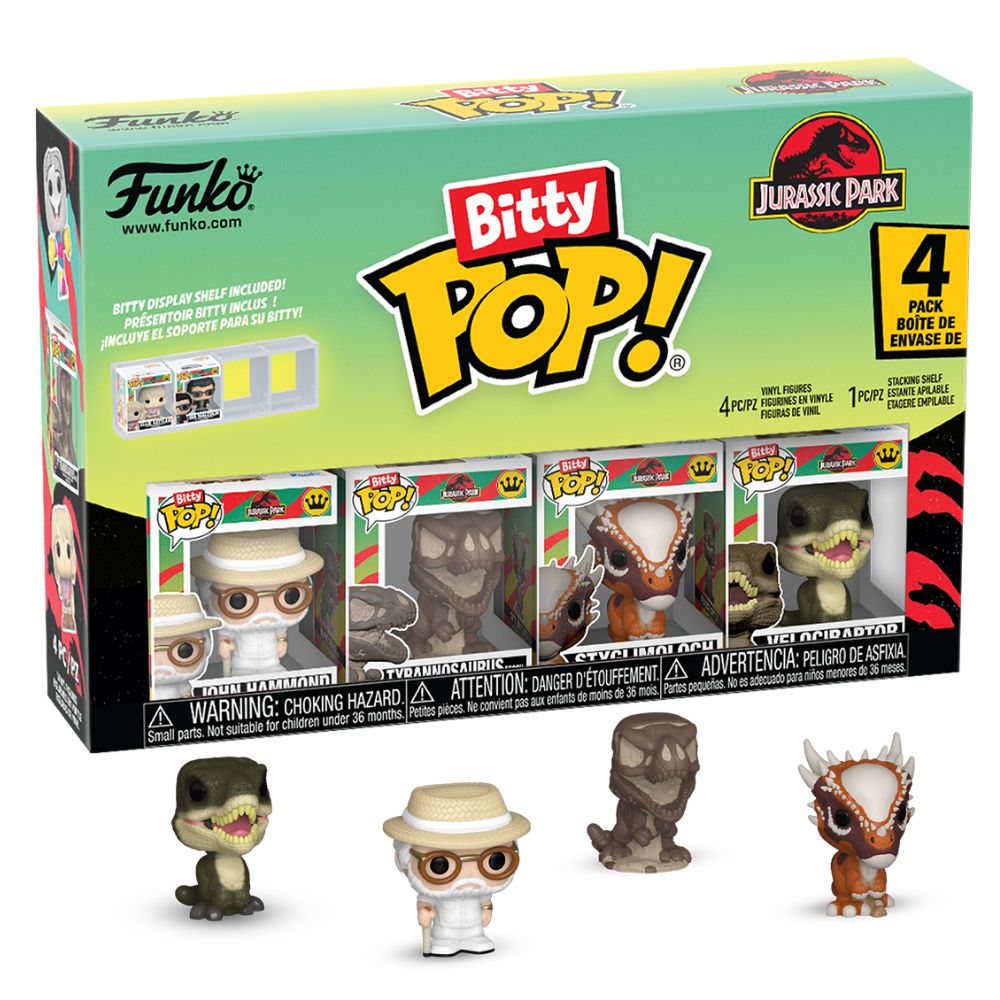 Jurassic Park - John Hammond, Tyrannosaurus Fossil, Stygimoloch & Velociraptor Bitty Pop! Vinyl 4 Pack