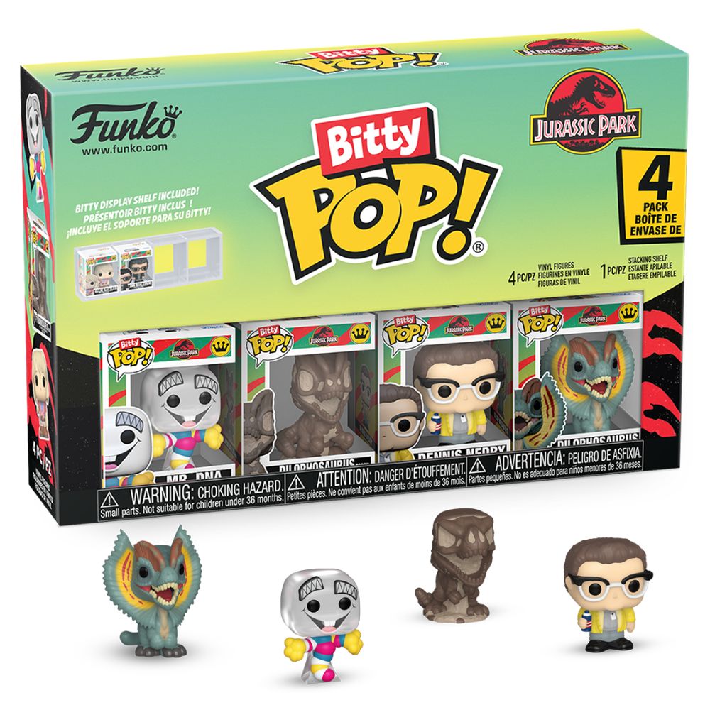 Jurassic Park - Mr DNA, Dilophosaurus Fossil, Dennis Nedry & Dilophosaurus Bitty Pop! Vinyl 4 Pack
