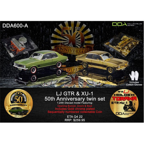 Image of 1:24 50th Anniversary Twin Set 1972 LJ Torana - Green LJ GTR- Gold LJ GTR XU1 - Fully Detailed Opening Doors, Bonnet and Boot