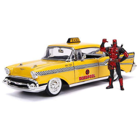 Image of Deadpool (comics) - 1957 Chevy Bel Air Taxi 1:24 Hoolywood Ride Diecast Vehicle with Deadpool